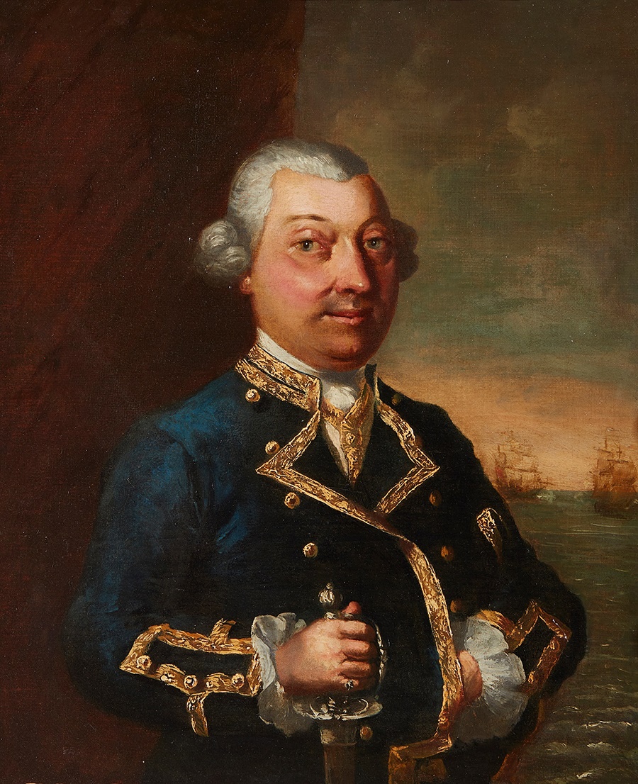 MANNER OF WILLIAM HOGARTH HALF LENGTH PORTAIT OF A SEA CAPTAIN A NAVAL ENGAGEMENT BEHIND